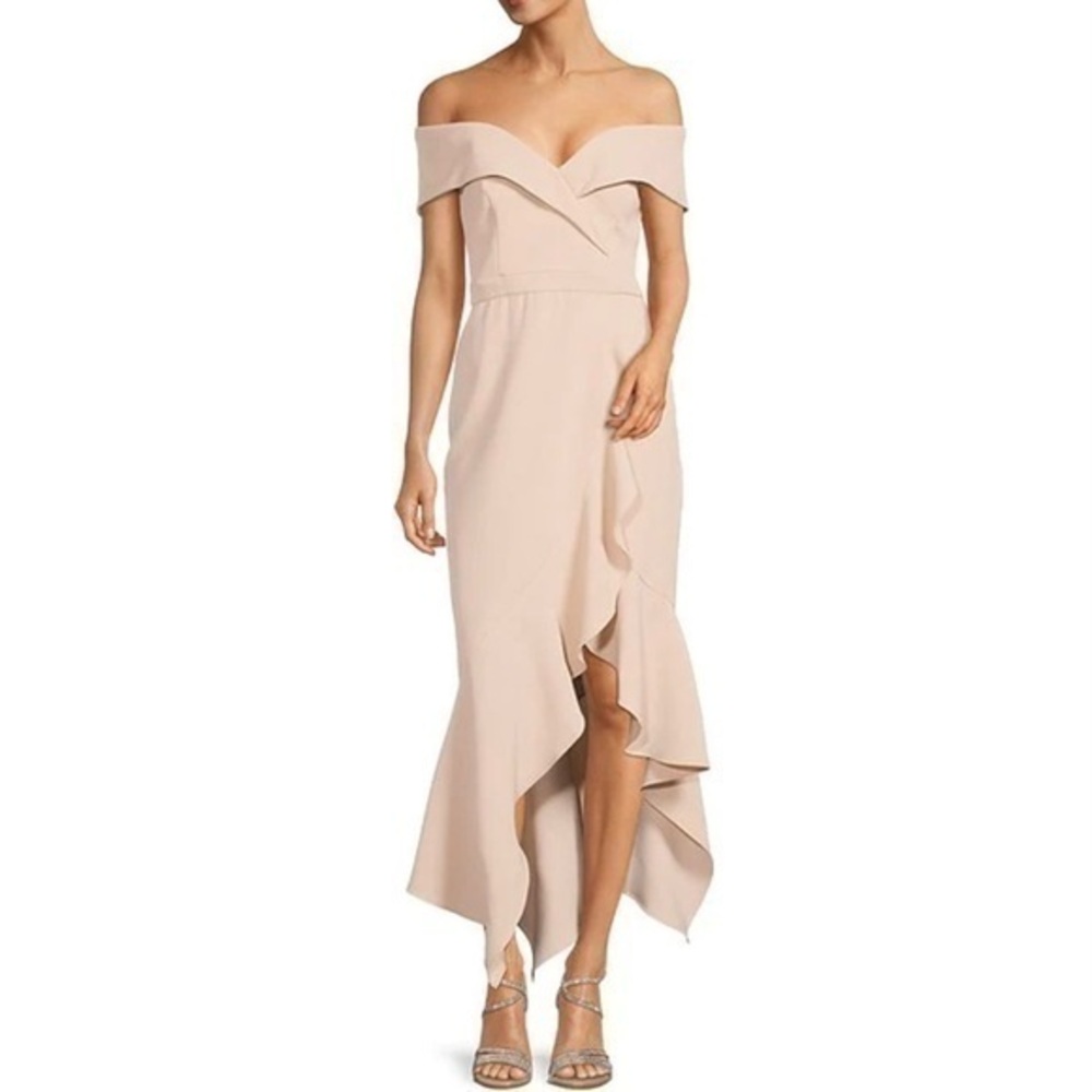 Xscape Off-the-Shoulder Sweetheart Neck Ruffle Handkerchief Hem Dress in Blossom